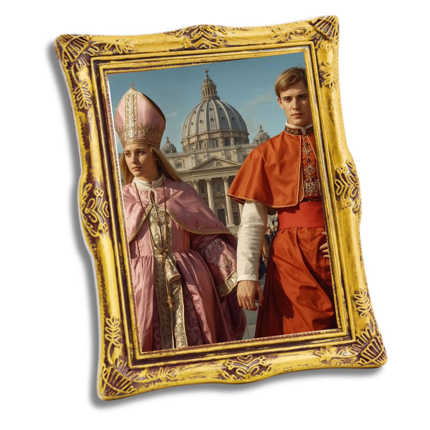 Compassion Art painting Schatz by Charles May — two young figures in ceremonial pink and crimson robes before St. Peter's Basilica, framed in ornate gilded wood