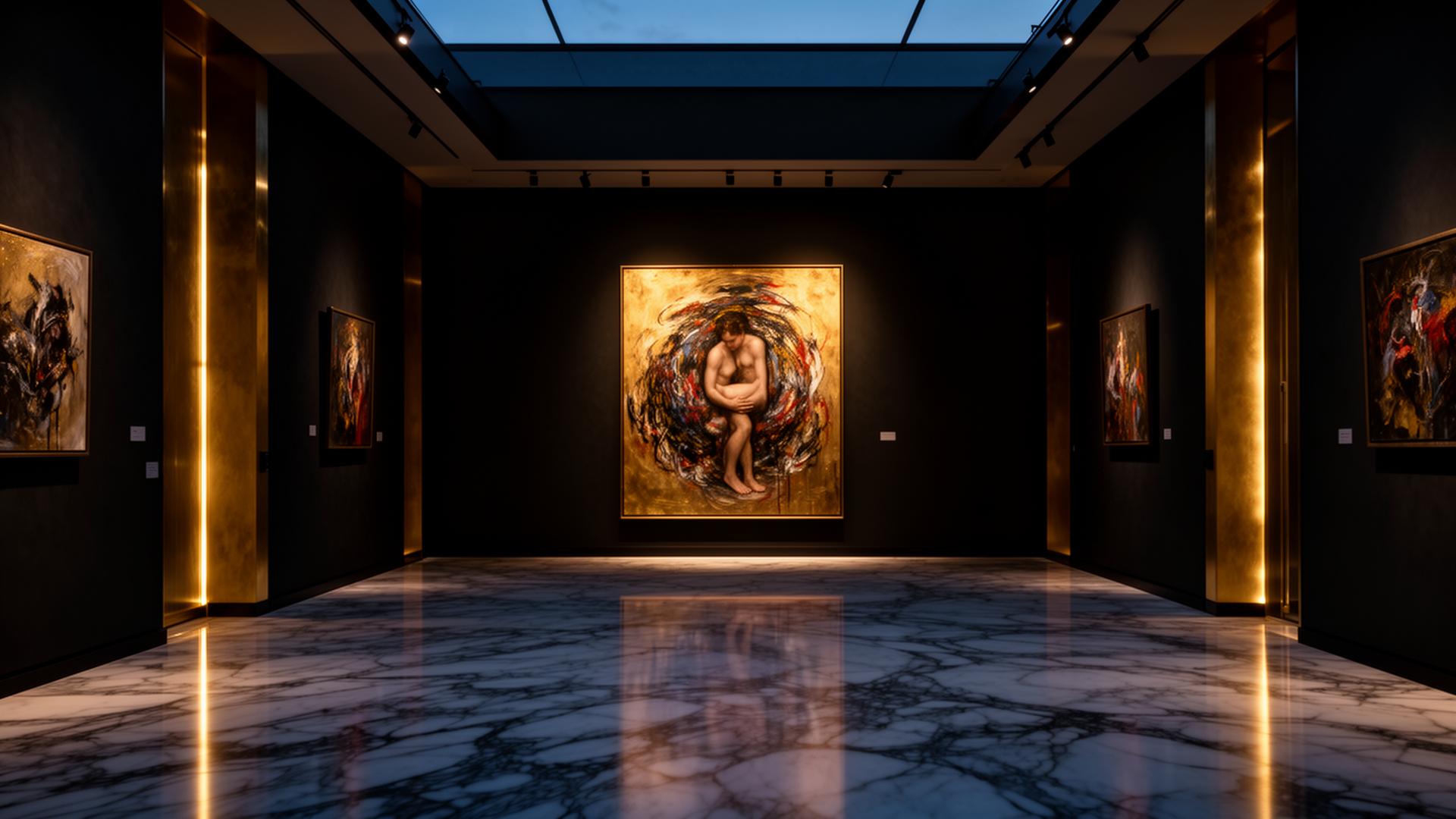 Dimly lit gallery interior with a single illuminated Compassion Art painting